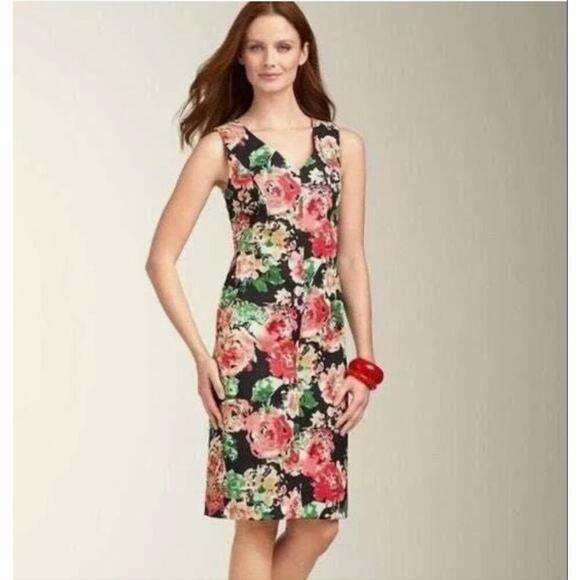 Talbots Dress Womens 12 Petite Black Pink Green Floral Cotton Canvas - Picture 2 of 5